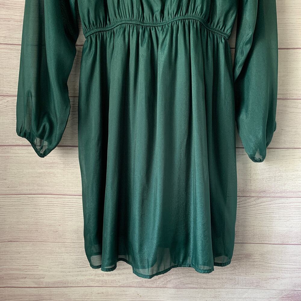 Andree by Unit Shimmery Forest Green Dress Sheer Long Sleeves Ruffle Size L - Picture 8 of 16